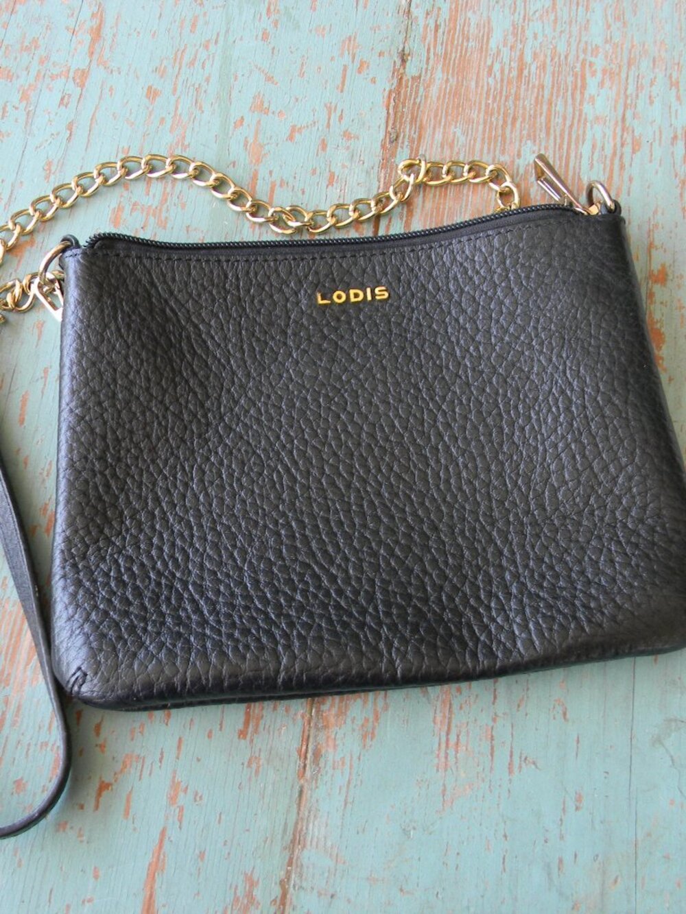 Lodis Black Pebble Leather Crossbody Bag Purse With Leather and Chain Strap